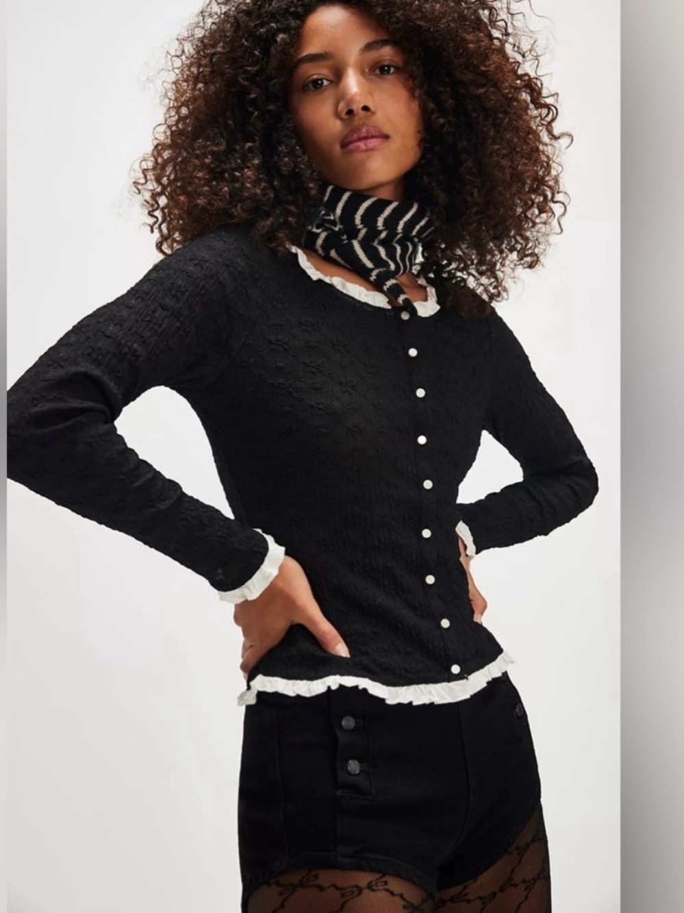 Free People Black Cardigan with Cream Ruffle Trim